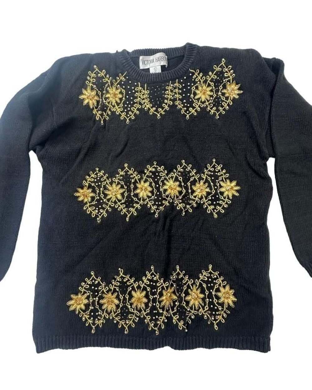 Victoria Harbour Women's Large Black Gold Beaded Star Floral Pullover Sweater